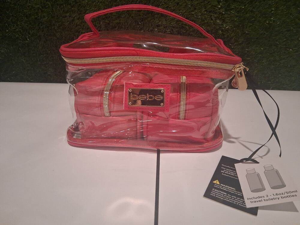 Bebe Cosmetic Bag Set 3-Piece Travel Makeup Pouch Clear Fuchsia Pink NWT